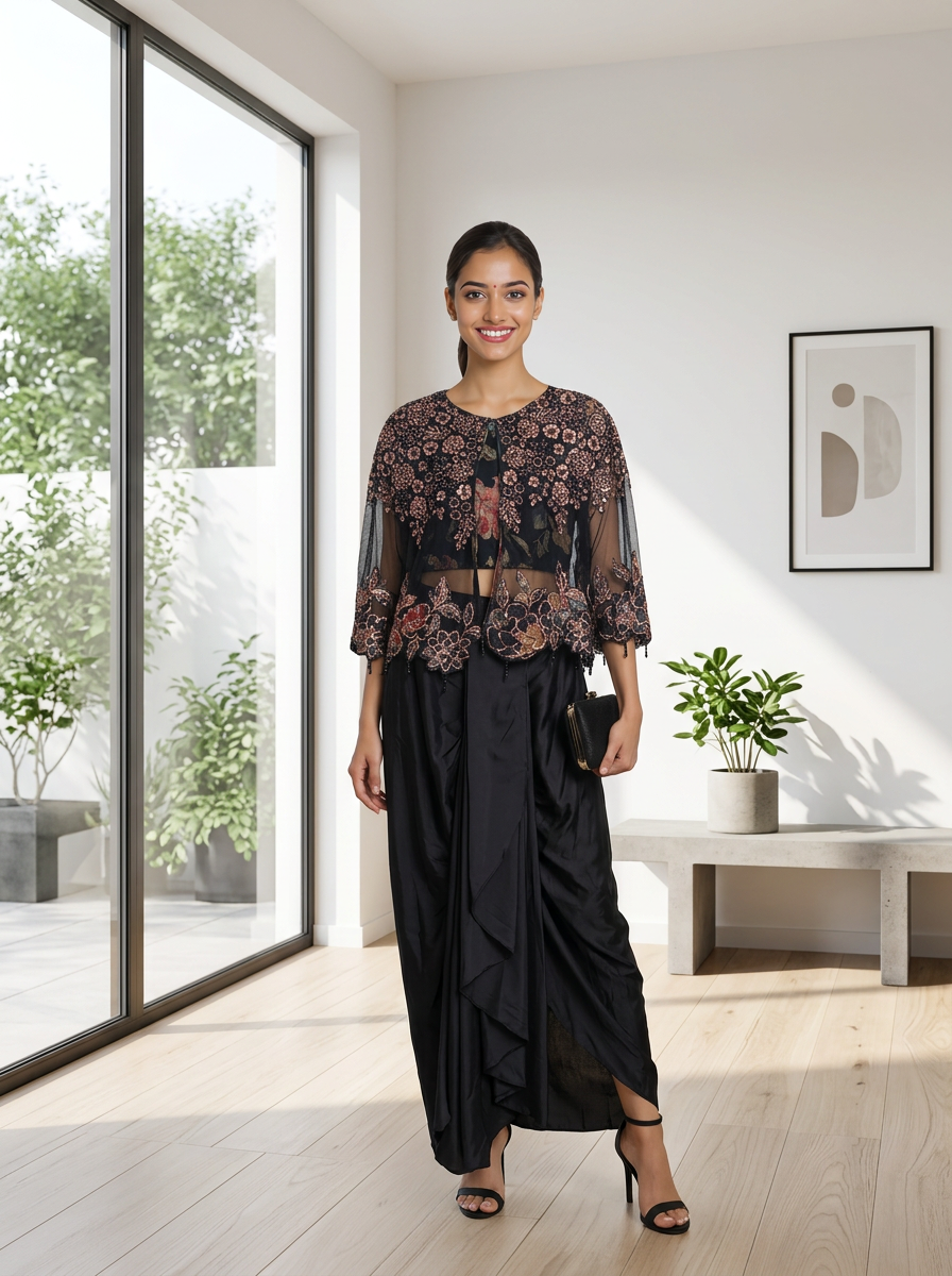 Embroidered Black Indo Western Dress