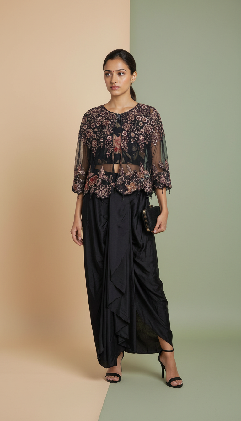 Embroidered Black Indo Western Dress view 2