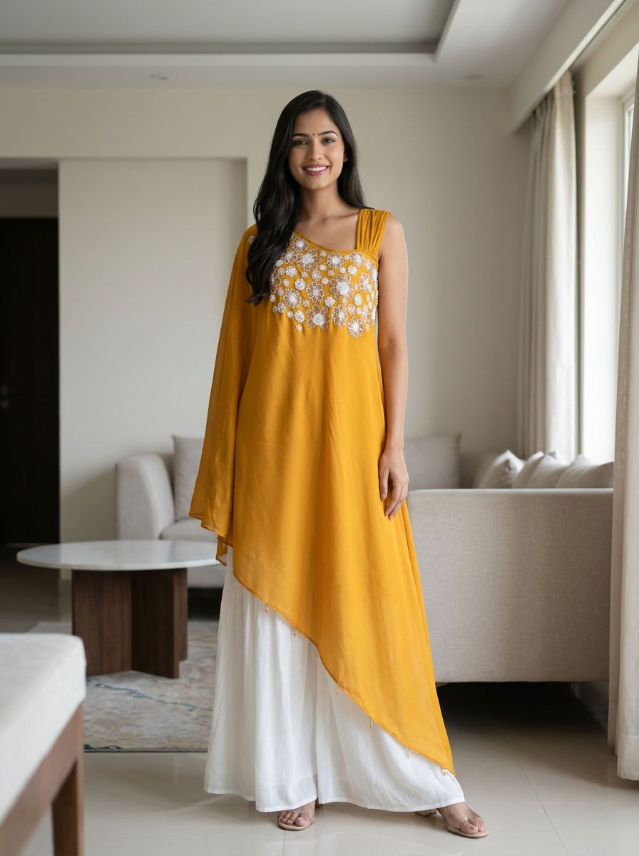 Embroidered Asymmetrical Kurta And Sharara Set