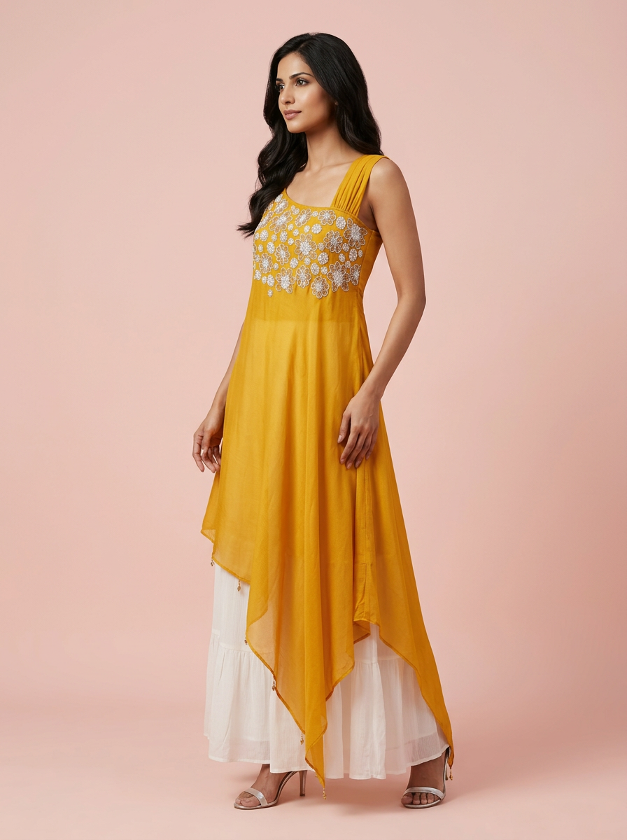 Embroidered Asymmetrical Kurta And Sharara Set view 2