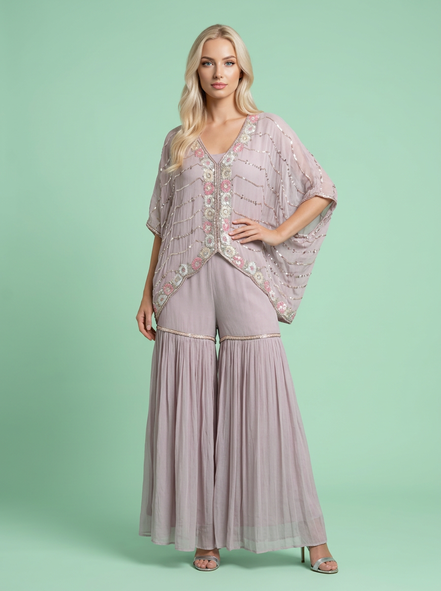 Embellished Kaftan And Sharara Cord Set