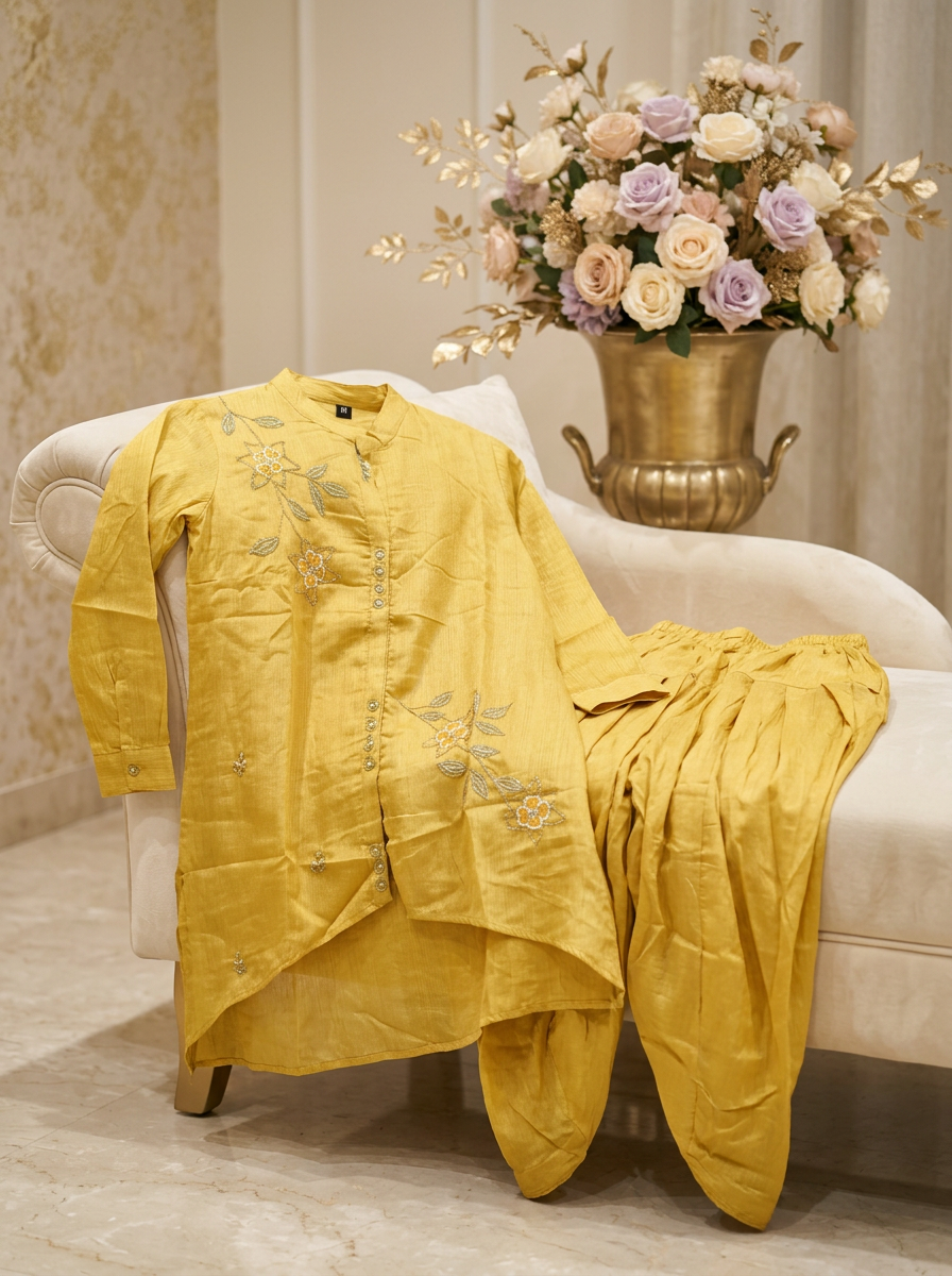 Embroidered Yellow Kurta Dhoti Set by Sabhya Paridhaan view 2