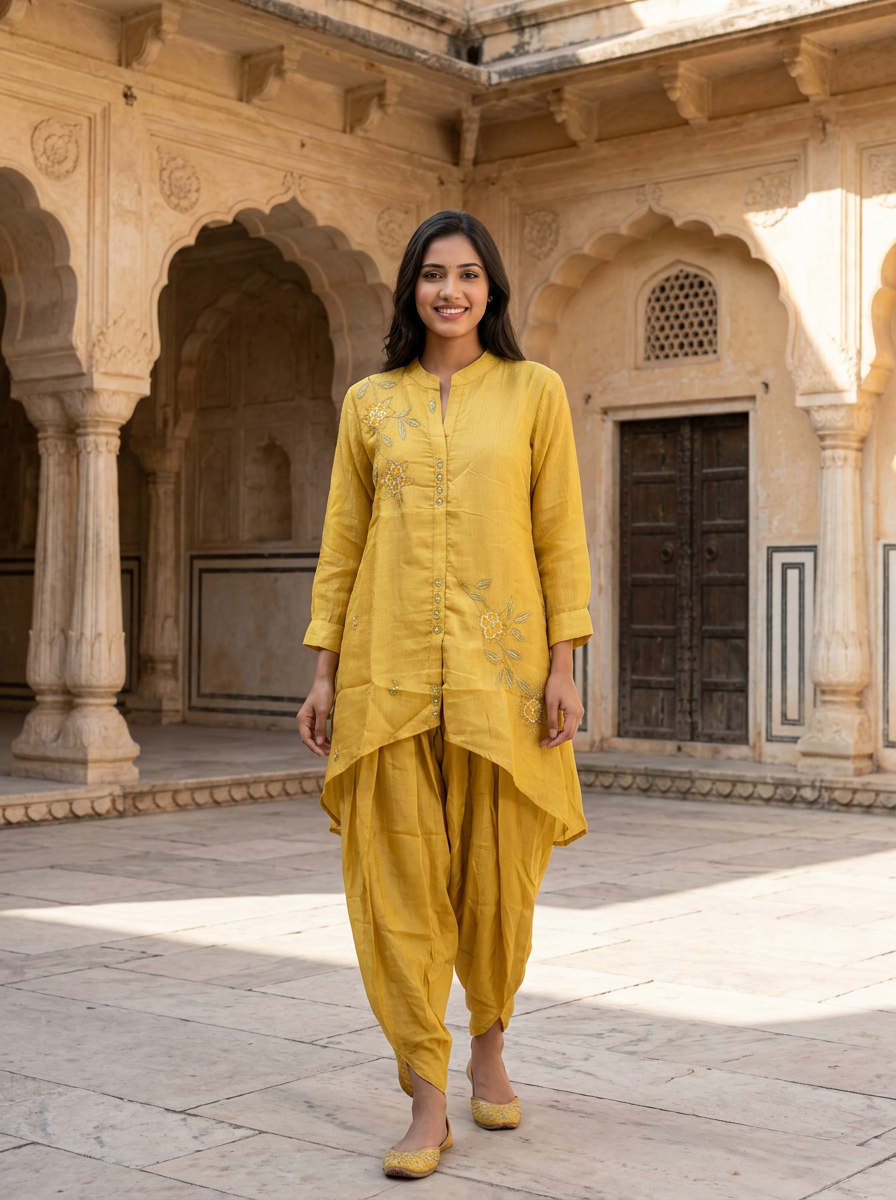 Embroidered Yellow Kurta Dhoti Set by Sabhya Paridhaan