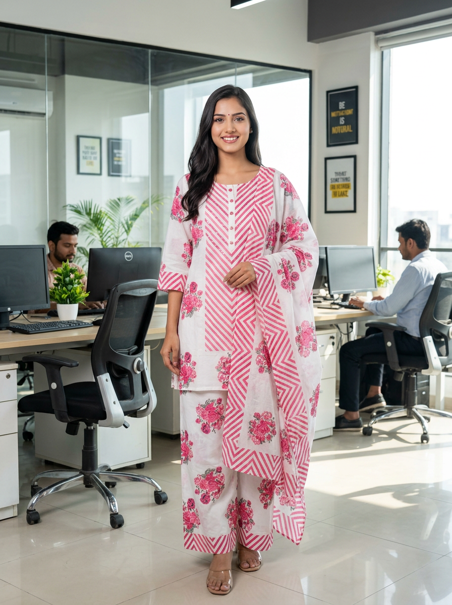 Floral Striped Pure Cotton Suit Set