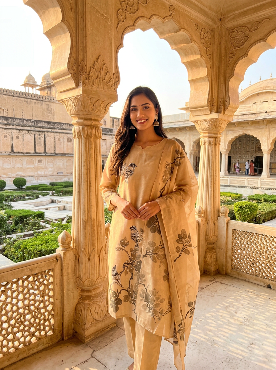 Golden Bird Embroidered Kurta Set