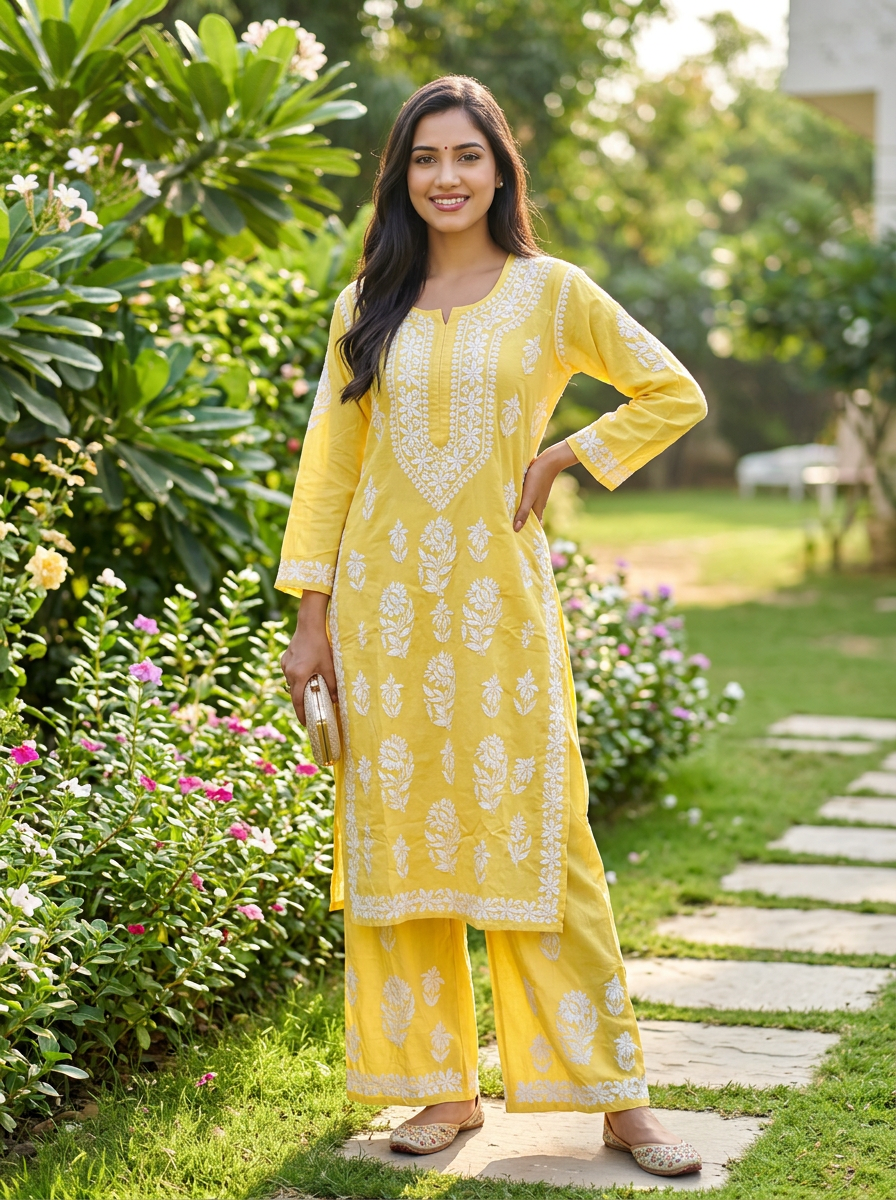 Chikankari Yellow Kurta Plazo Set