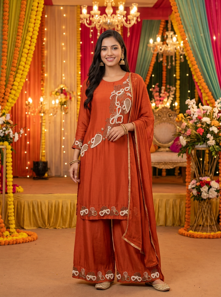 Embroidered Plazo Suit Set In crape Material