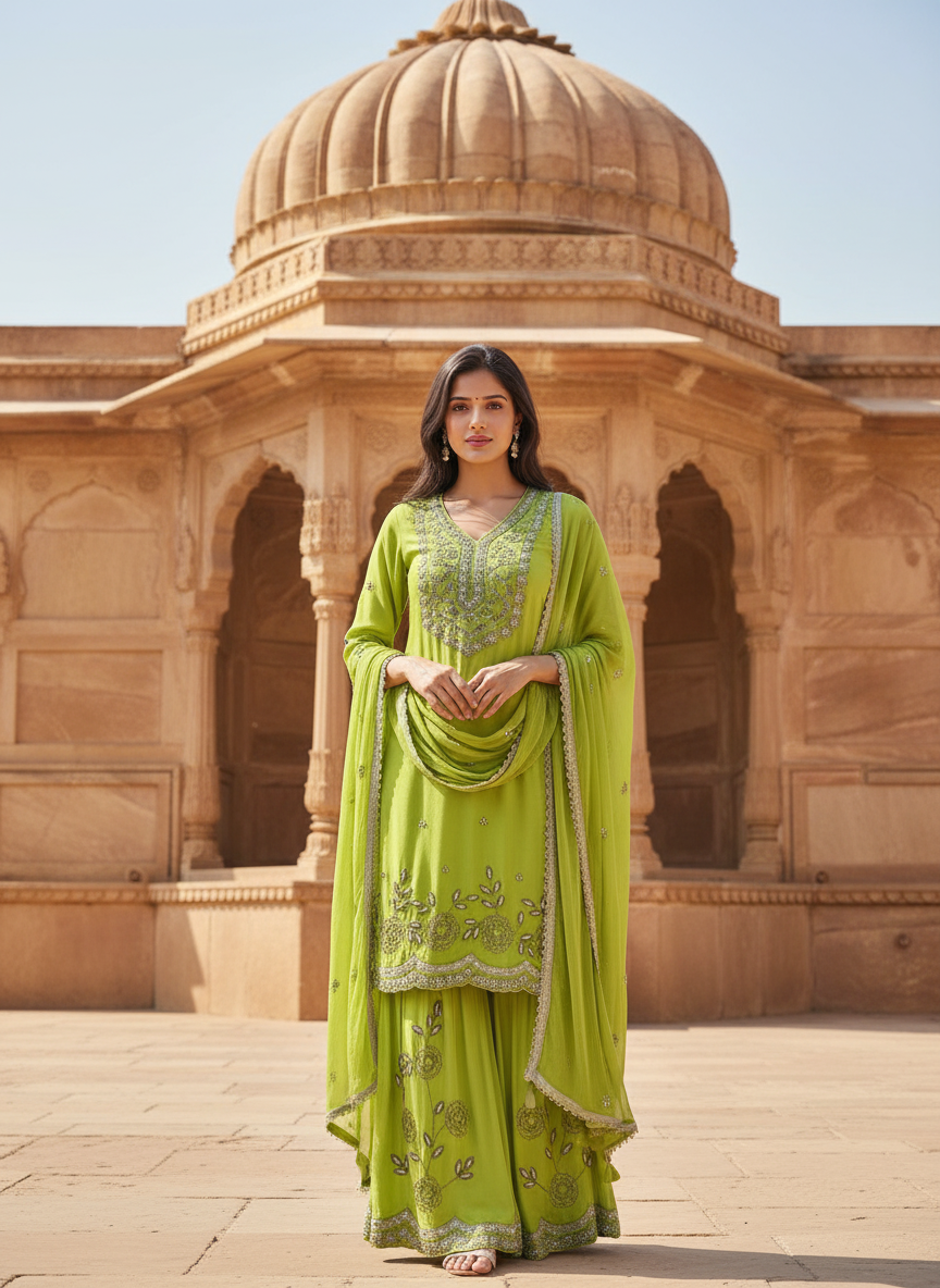 Embroidered Green Suit Set