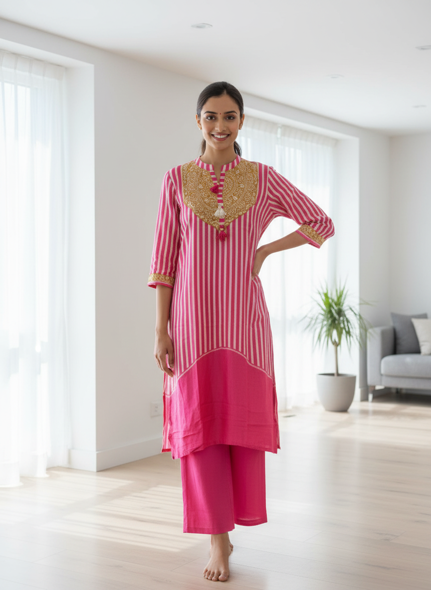 Stripe Gold Pink Kurta