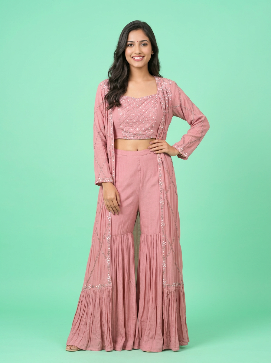 Embroidered Pink Indo Western With Long Shrug Set