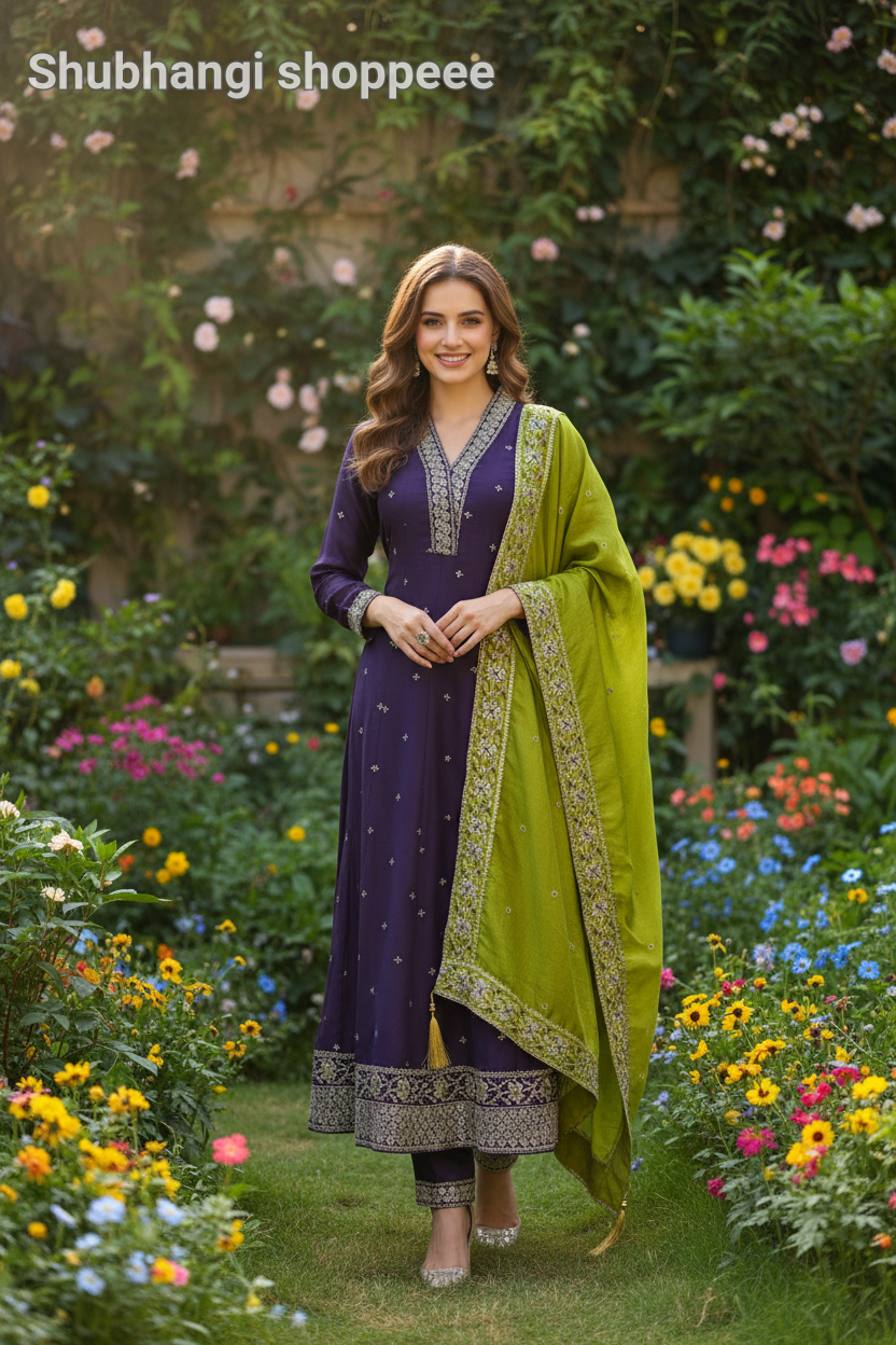 Purple Anarkali with Green Dupatta