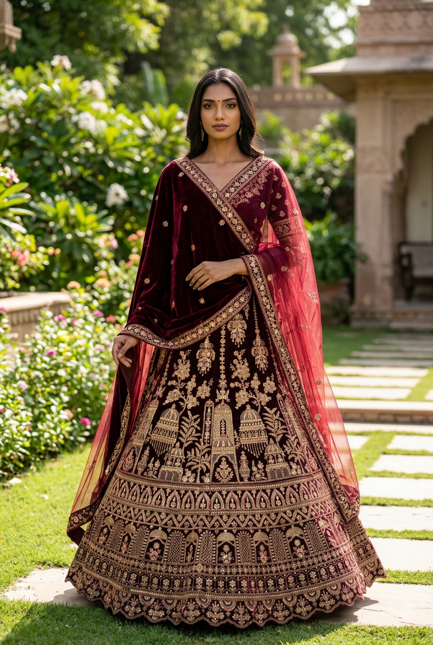 Maroon Embroidered Lehengas