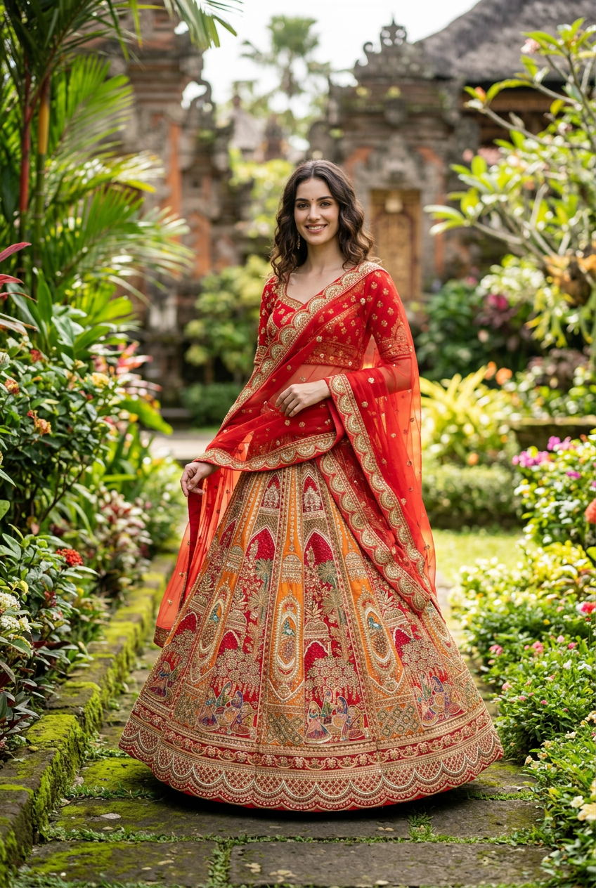 Red Embroidered Lehenga
