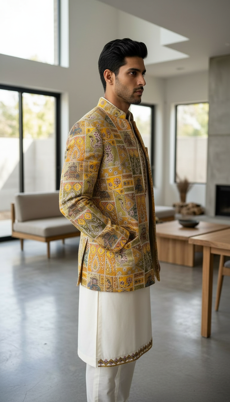 Rajawara Pattern Design Sherwani view 3