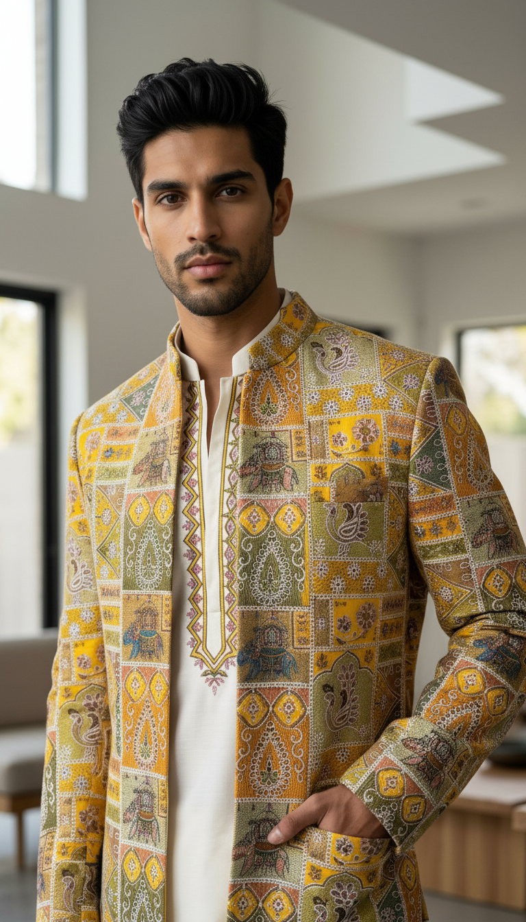 Rajawara Pattern Design Sherwani view 5