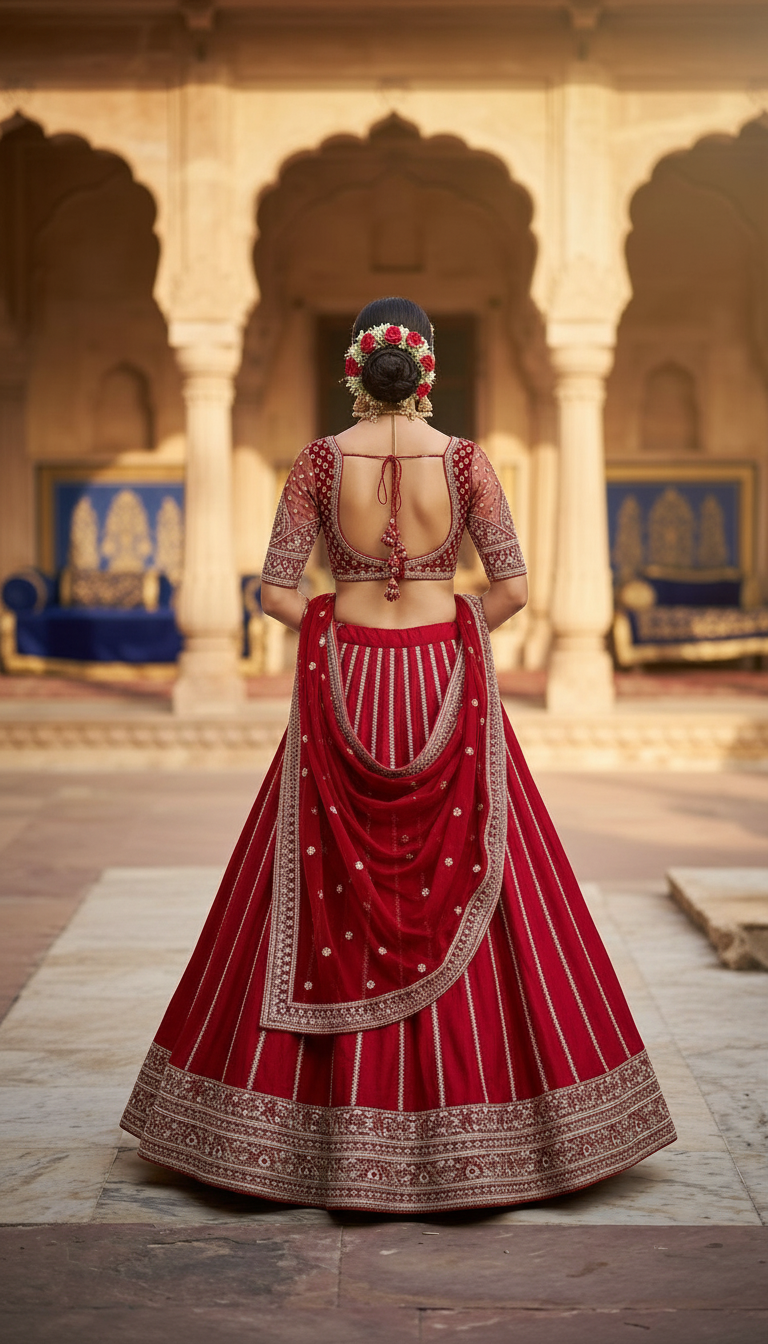 Red Bridal Embroidered Lehenga view 5