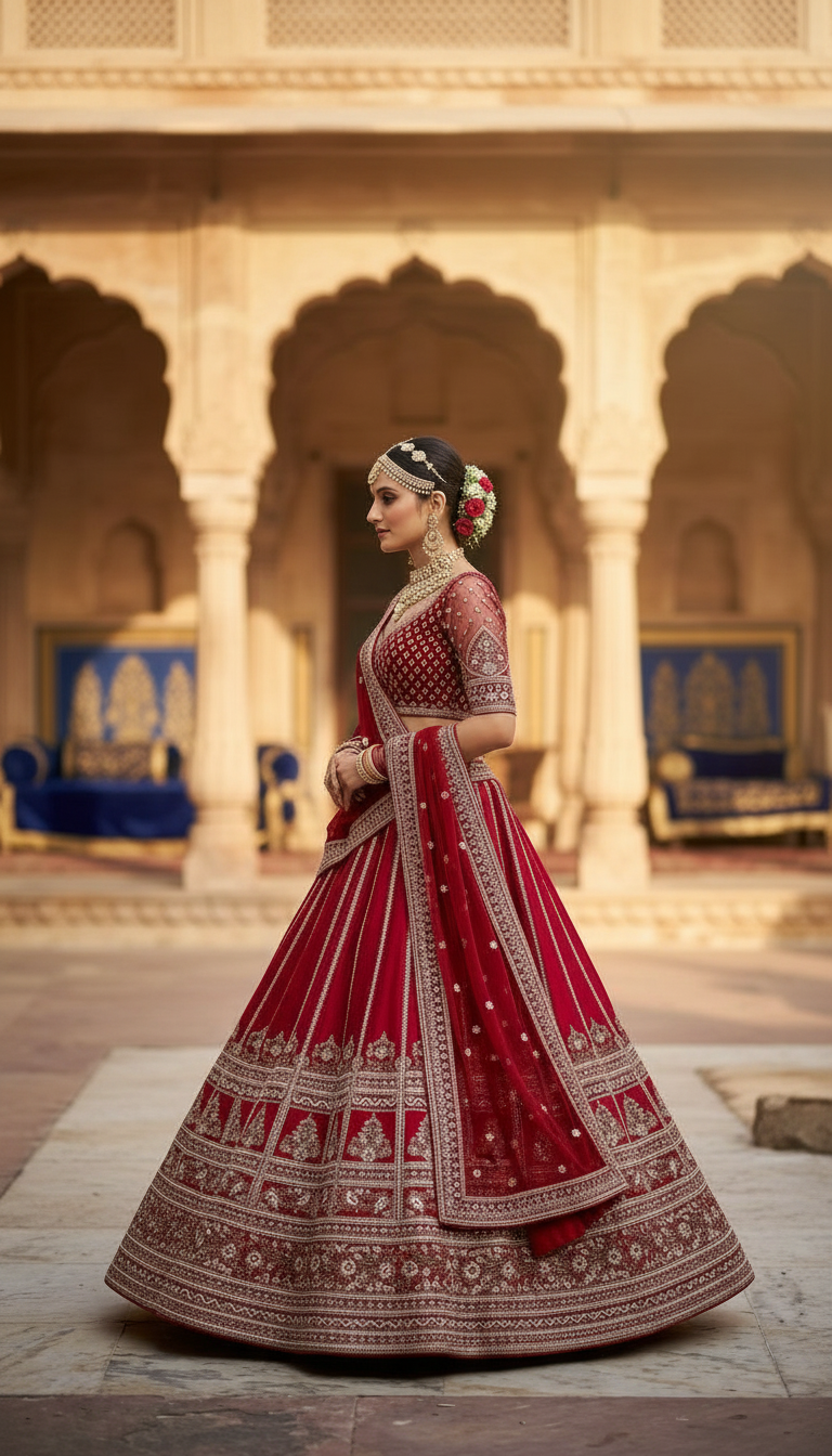 Red Bridal Embroidered Lehenga view 3