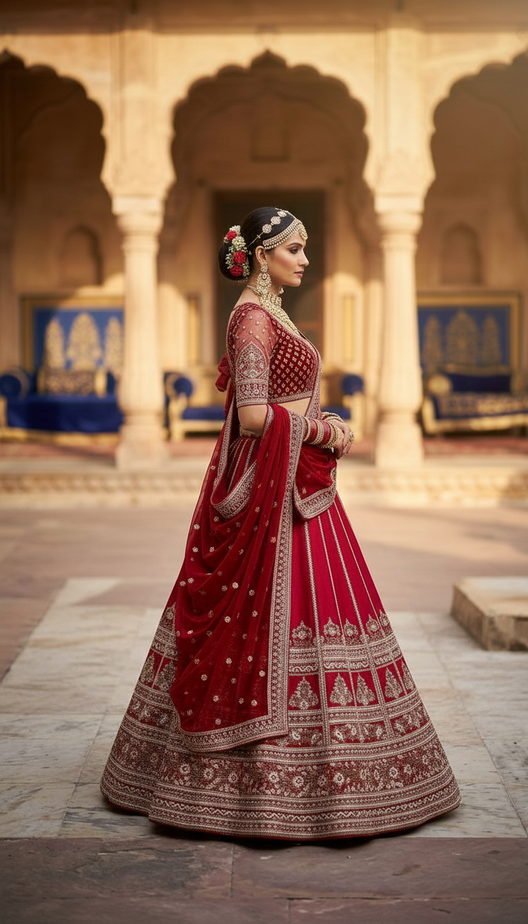 Red Bridal Embroidered Lehenga view 4