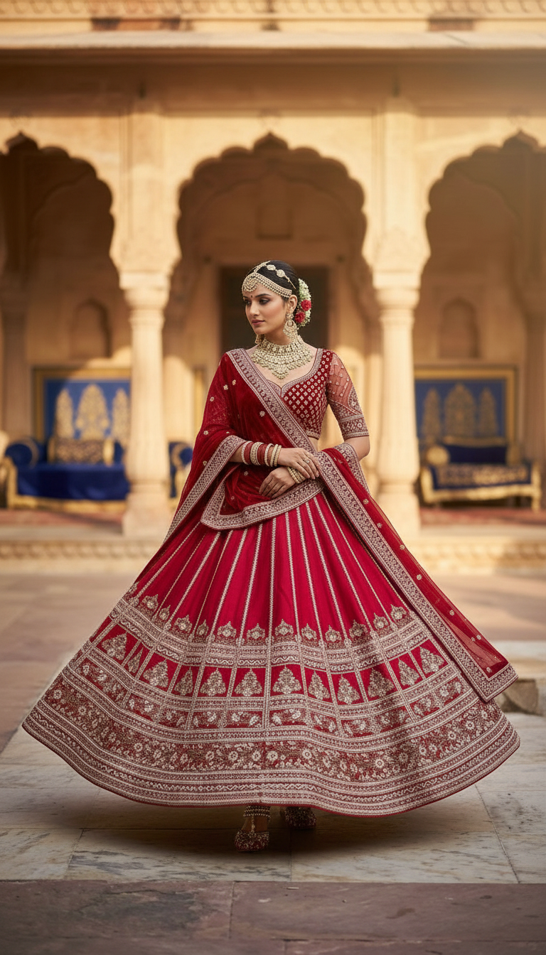 Red Bridal Embroidered Lehenga view 7