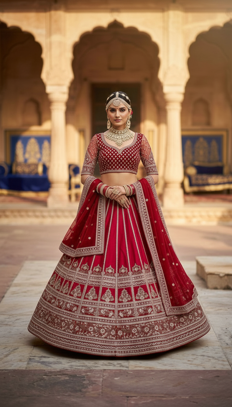 Red Bridal Embroidered Lehenga view 2