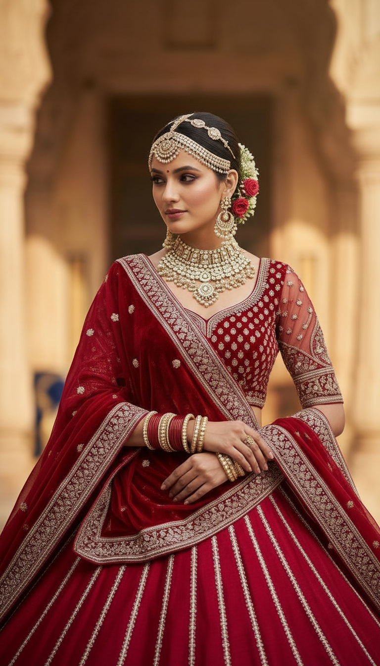 Red Bridal Embroidered Lehenga view 6