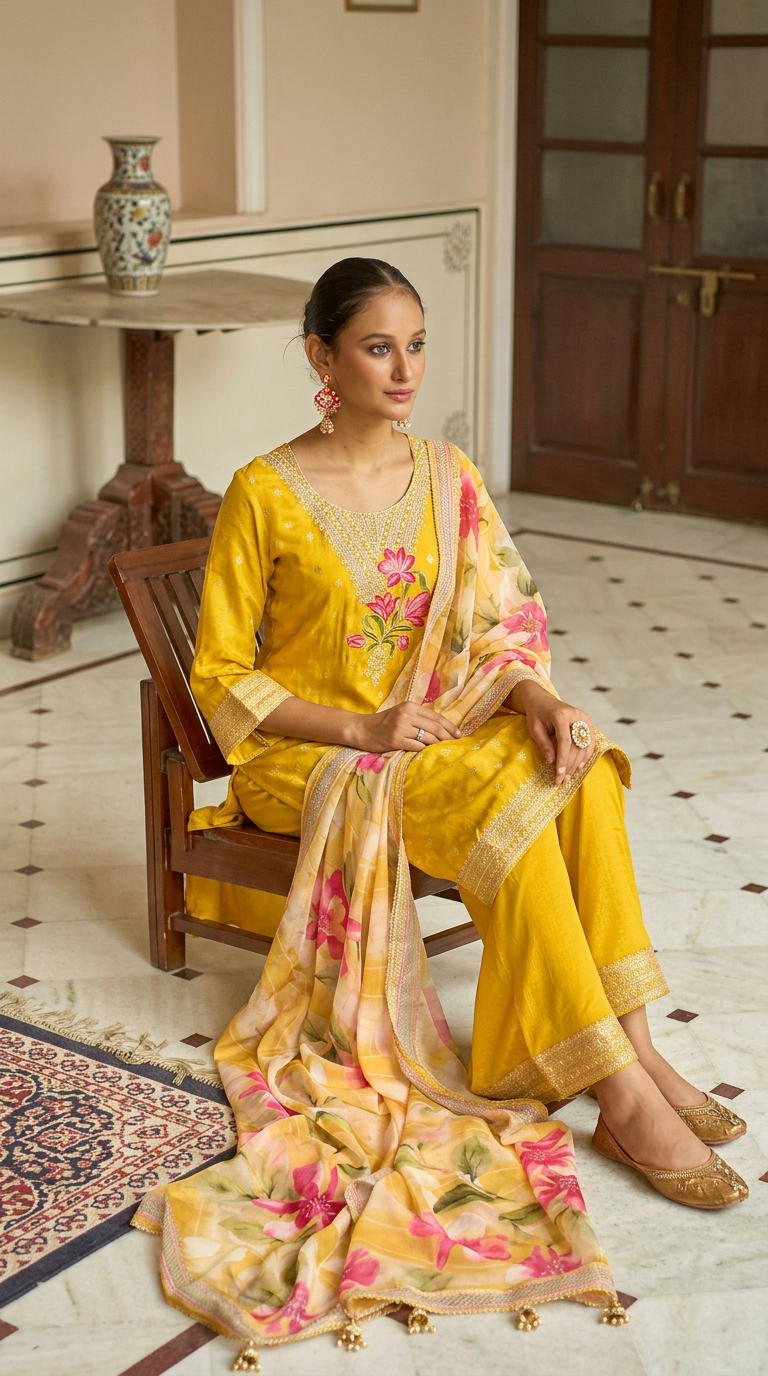Yellow Zari Work Plazo Suit With Digital Printed Dupatta