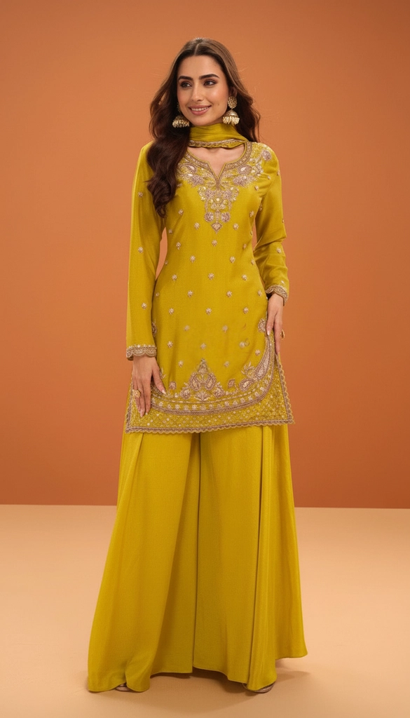 Yellow Embroidered Plazo Suit by Shruti Ethnic Wear