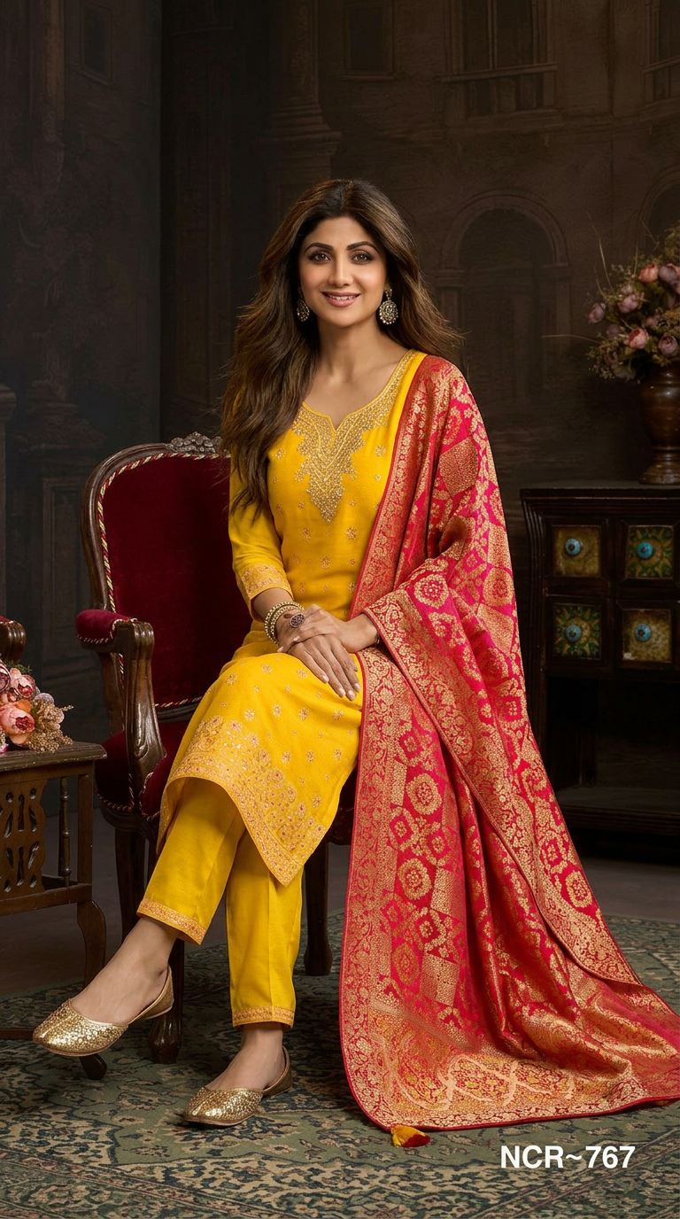Yellow Banarsi Ethnic Suit By Shruti Ethnic Wears view 3