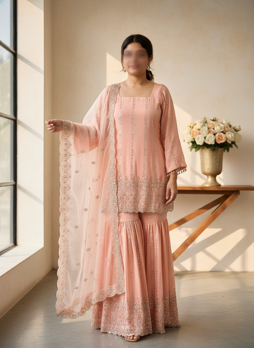 Peach Sharara Suit Set view 2