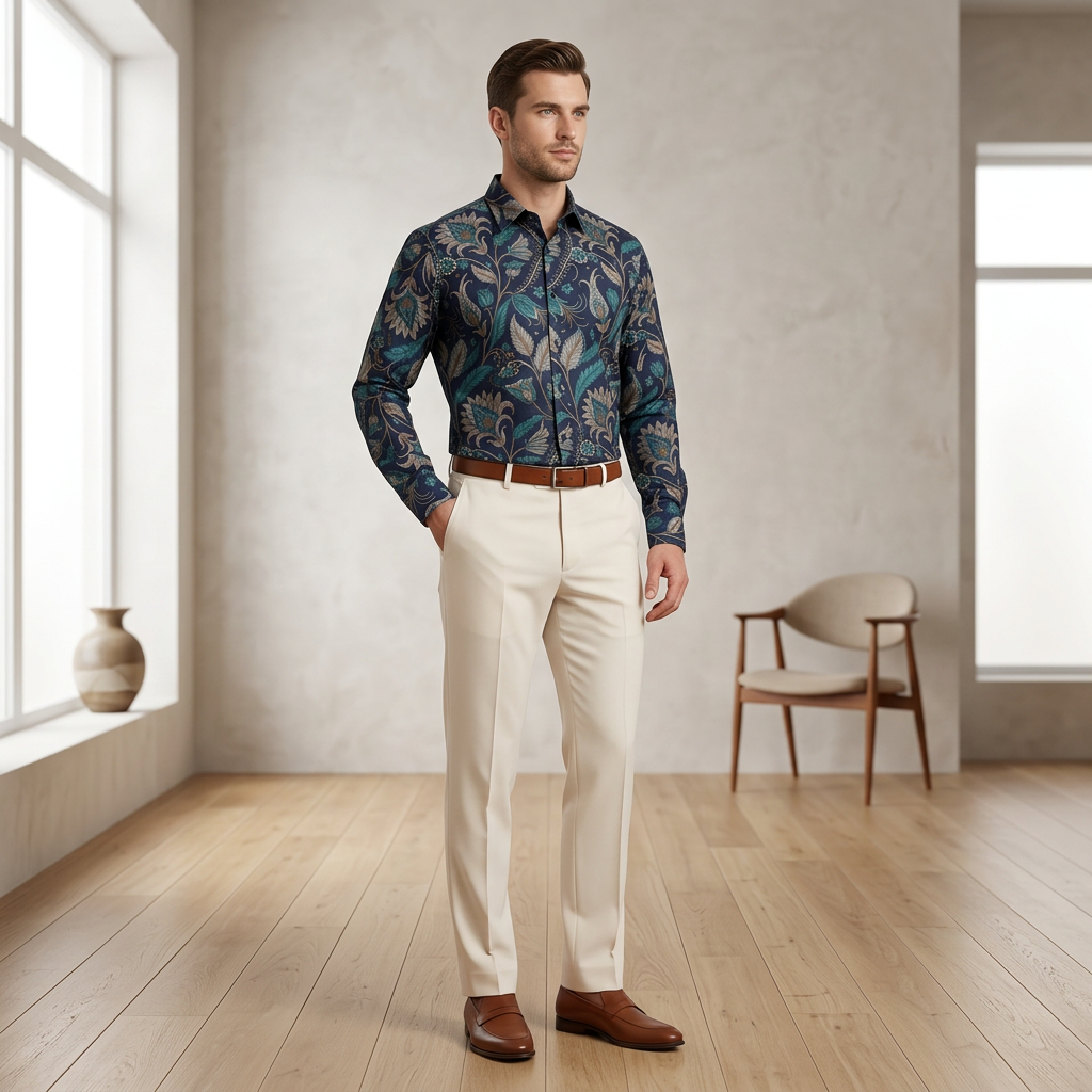 Stylish Printed Shirt & Beige Trousers view 2
