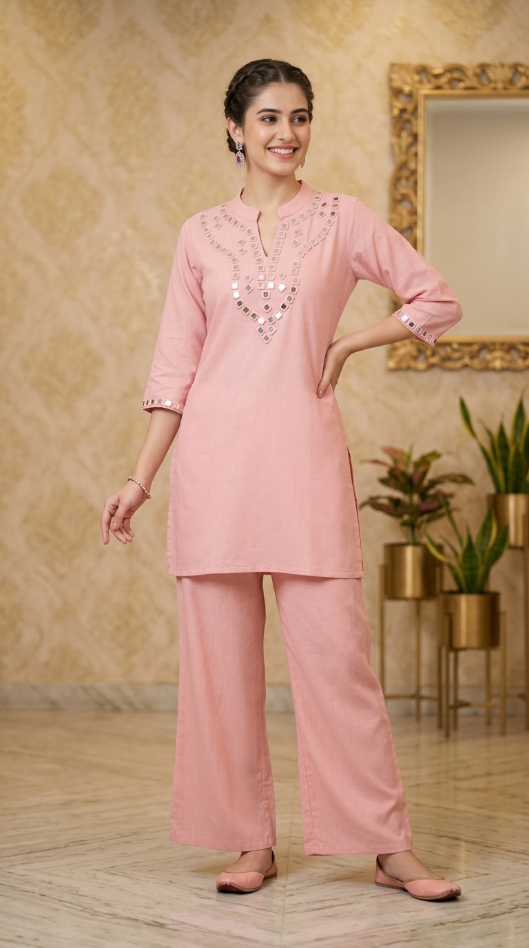 Pure Cotton 60-60 Coord Set With Band Collar And Real Mirror Detailing