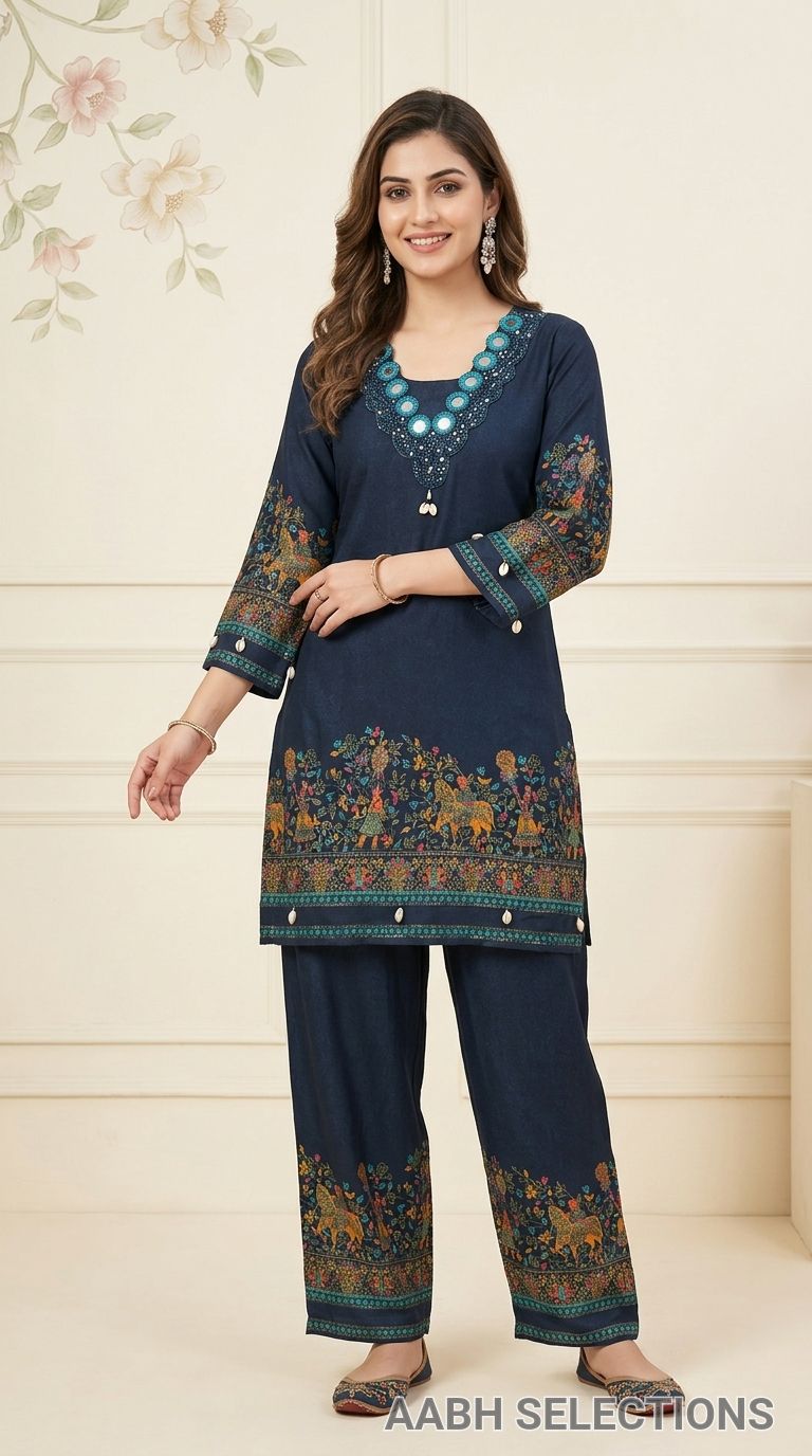 Heavy Royon Co-ord Set With Madhubani Print view 3