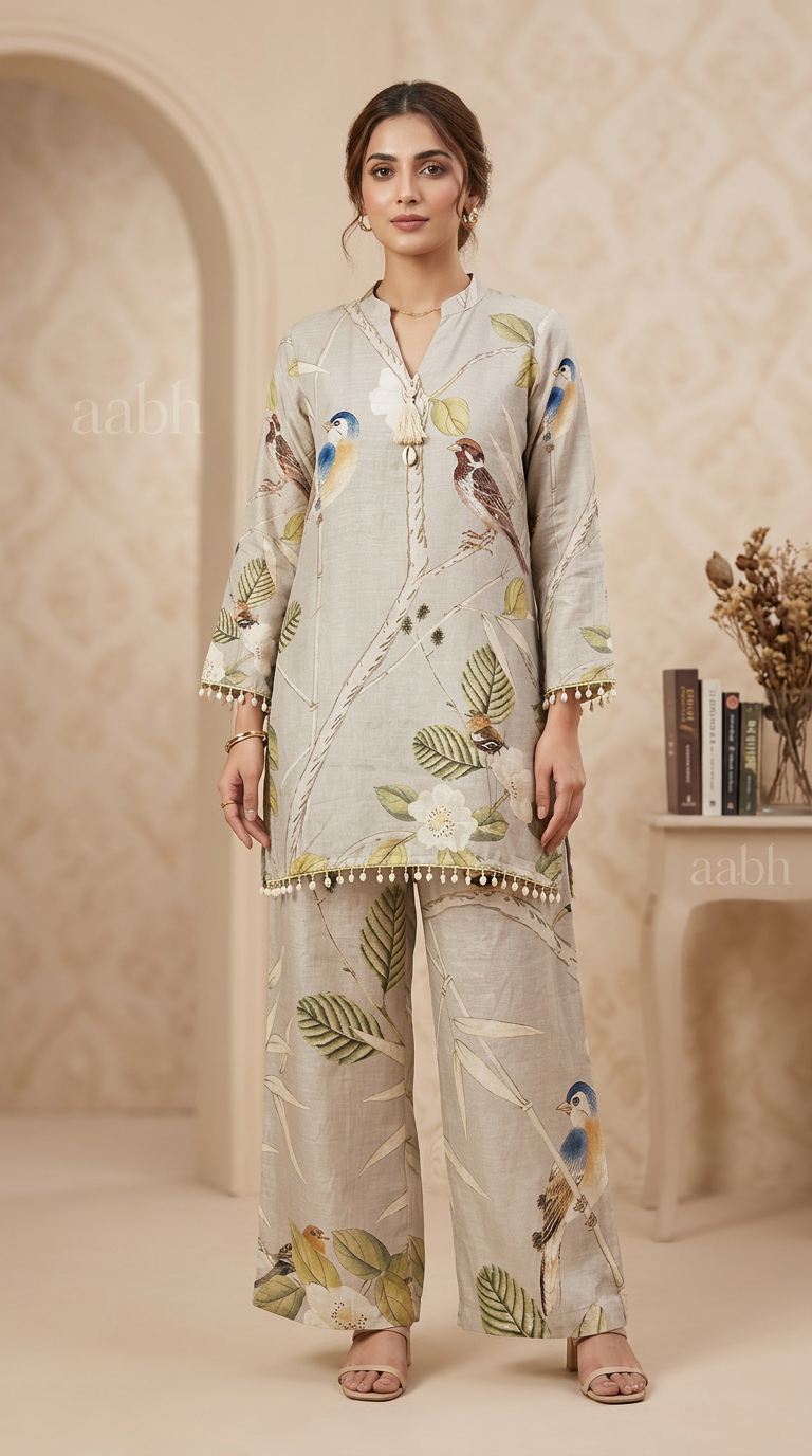 Beautiful Digital Bird Print Mul Chanderi Printed Coord Set With Pearl Tassels Detailing view 3
