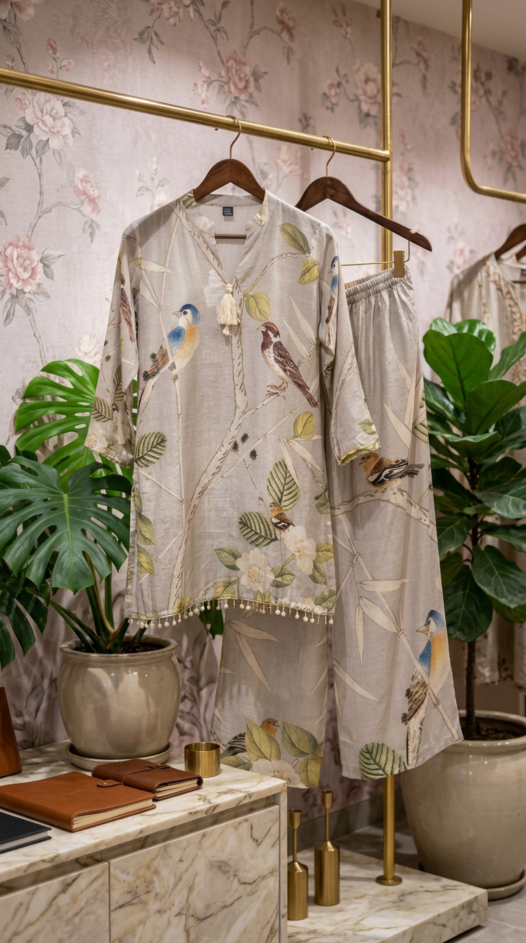 Beautiful Digital Bird Print Mul Chanderi Printed Coord Set With Pearl Tassels Detailing view 2