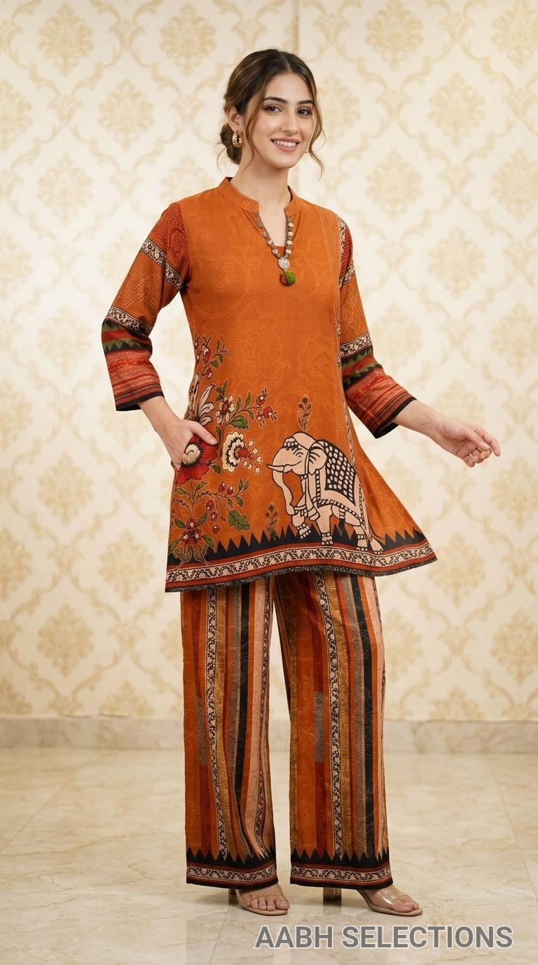 Gajji Cotton Digital Printed Coordinate Set With Neckline Detailing view 3