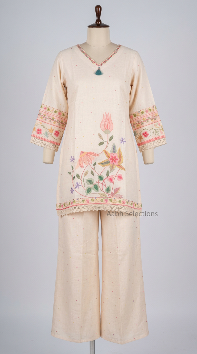 Pure Mul Cotton Coord Set In Ivory Color With Printed Motifs. view 3