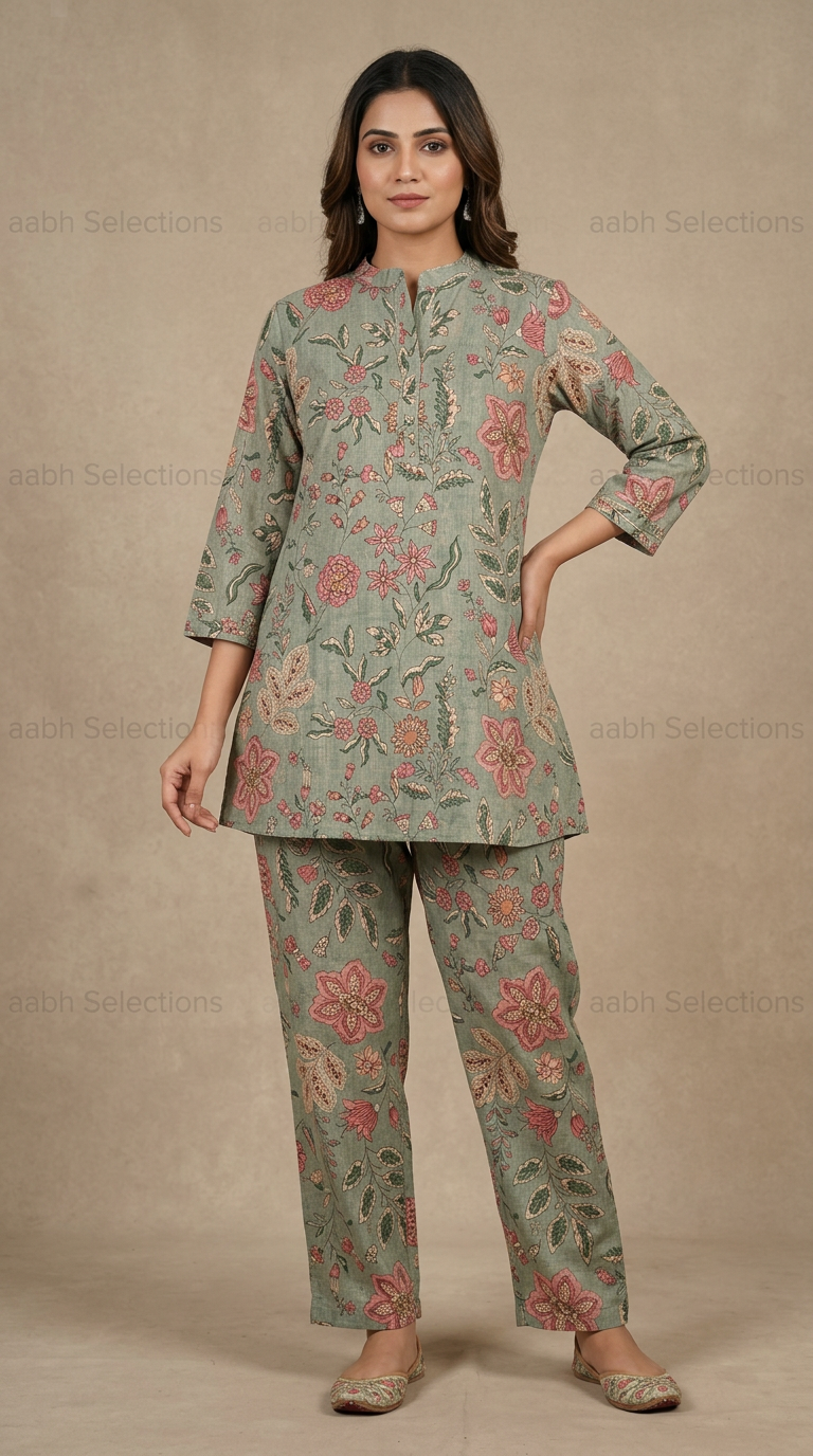 Floral Printed Cotton Linen Kurta Set view 3