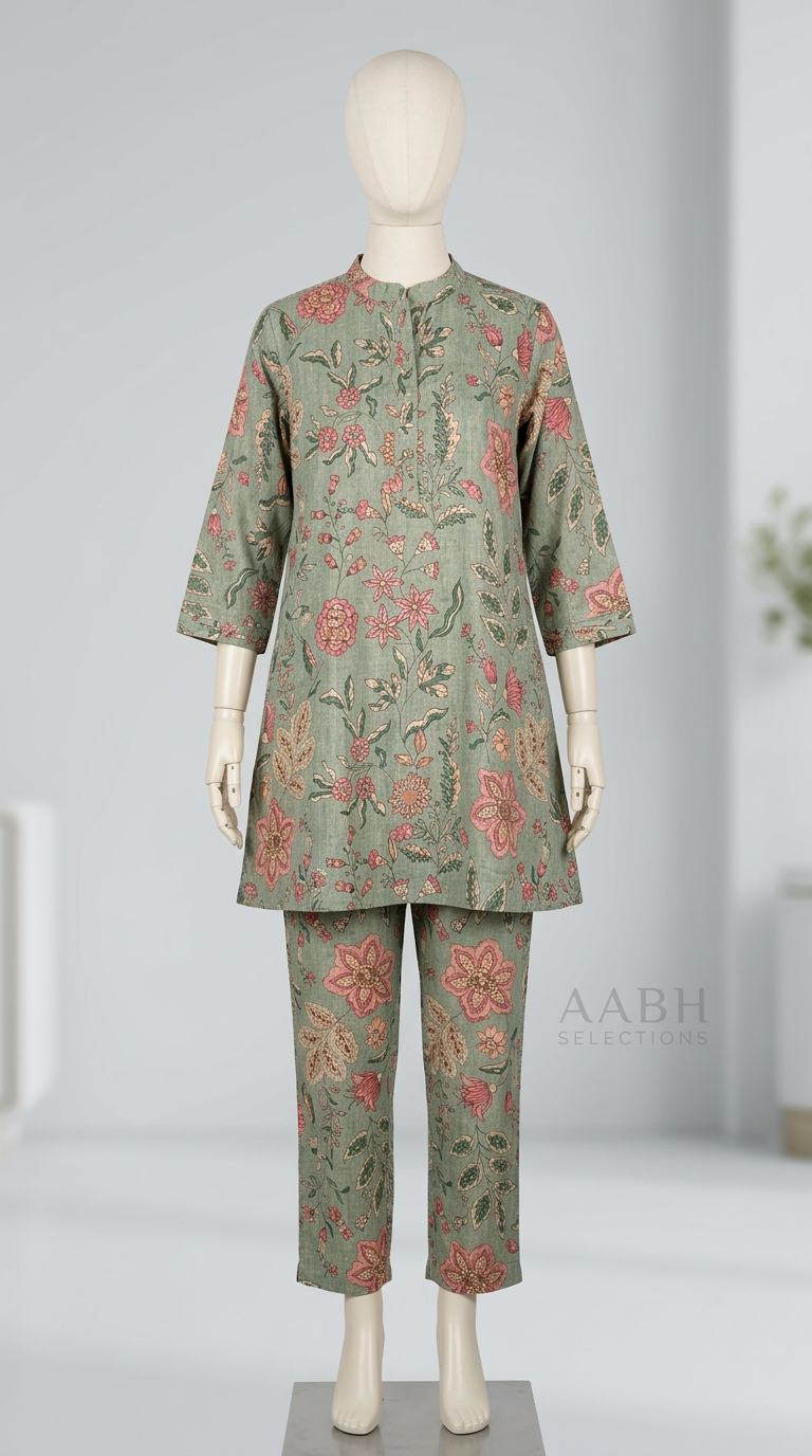 Floral Printed Cotton Linen Kurta Set view 2