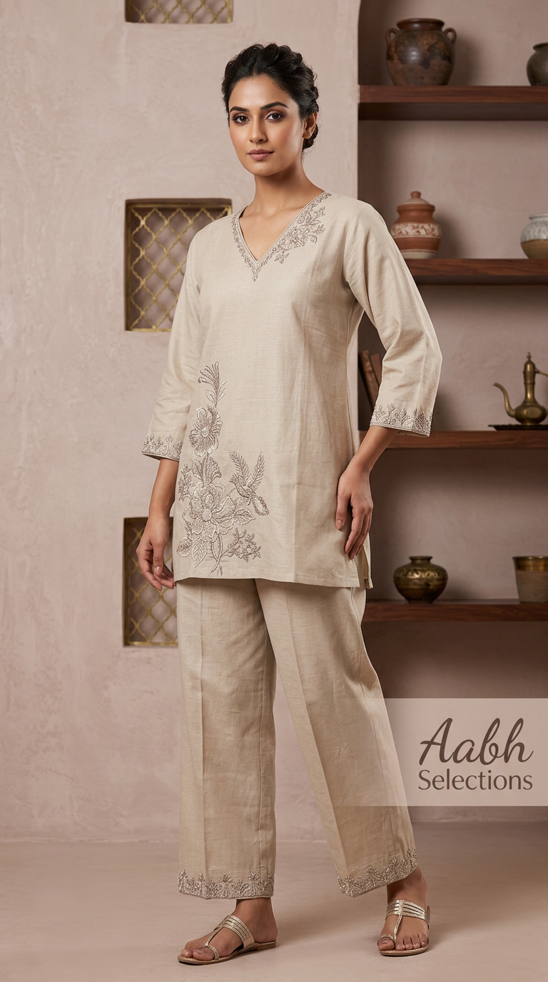Mul Chanderi Coord Set With Beige Tonal Embroidery