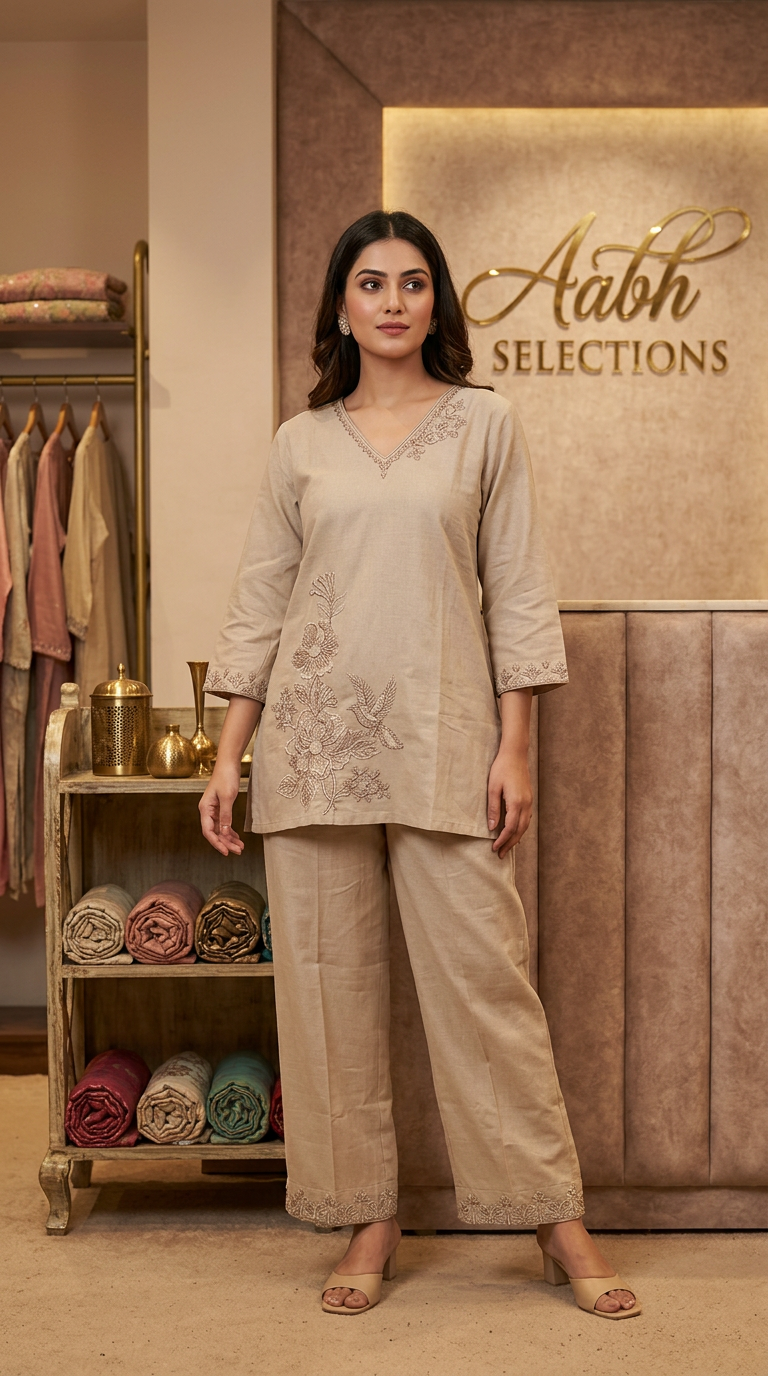 Mul Chanderi Coord Set With Beige Tonal Embroidery view 2