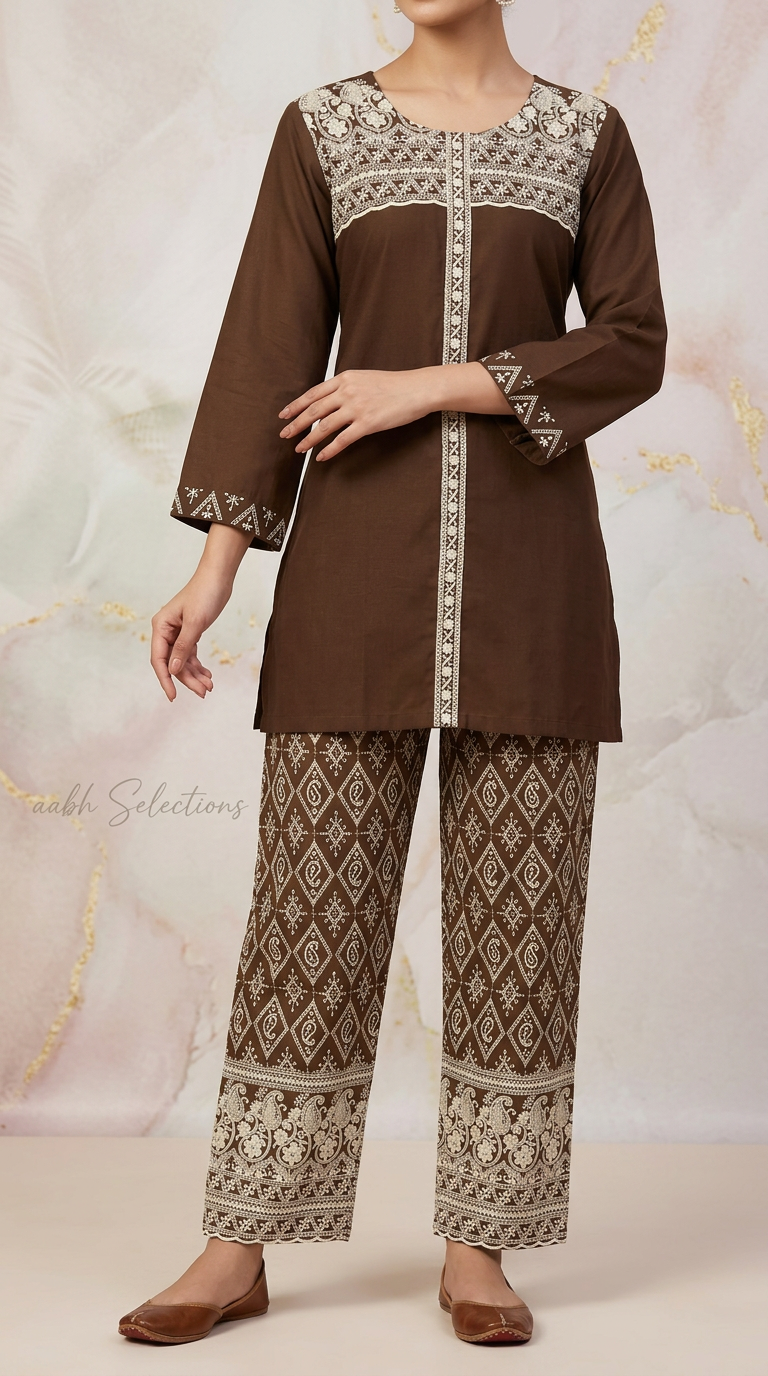 Brown Embroidered Cotton Cord Set view 2