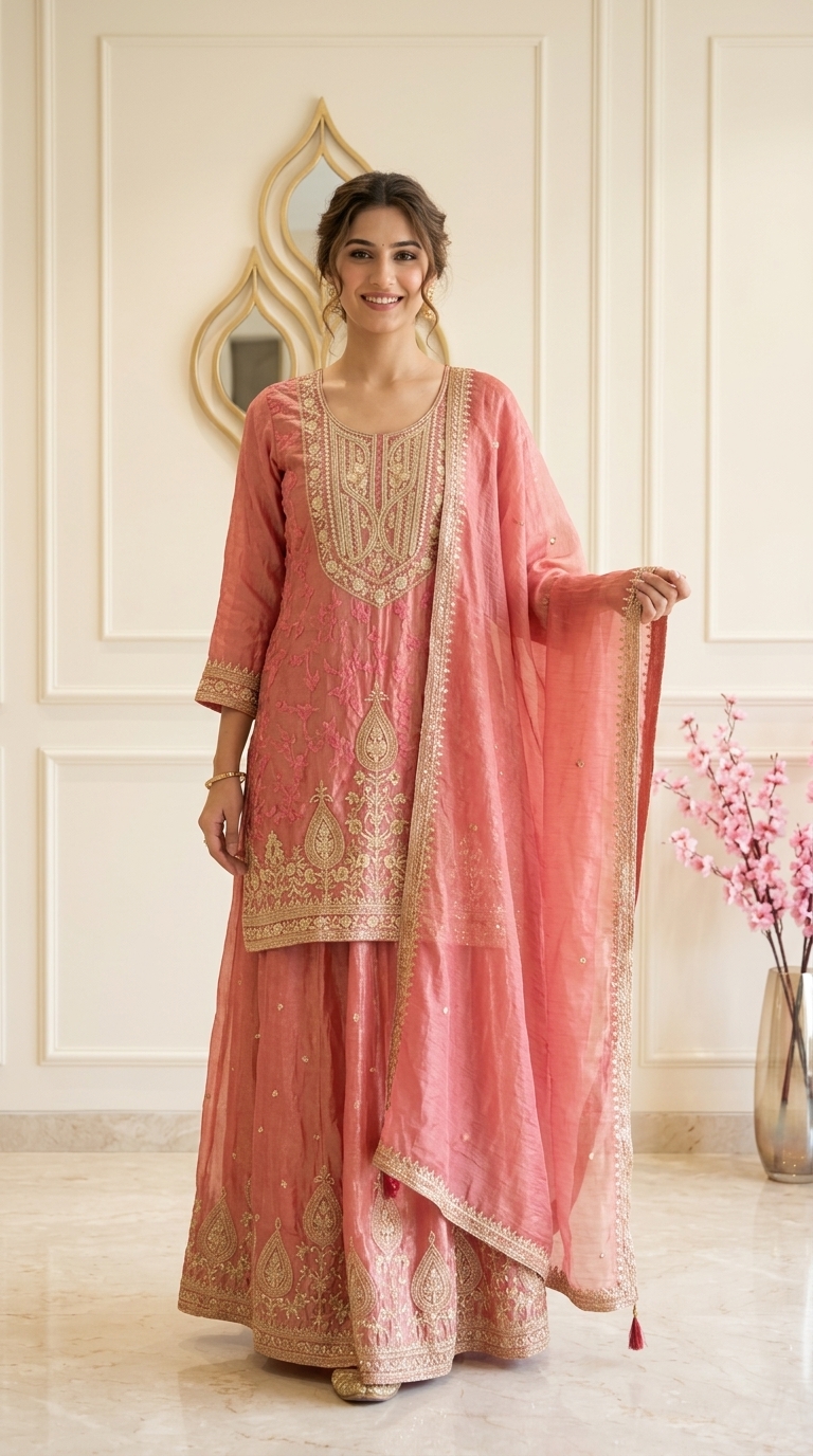 Pure Shimmer Fabric Sharara Suit With Embroidered Neck And Garara