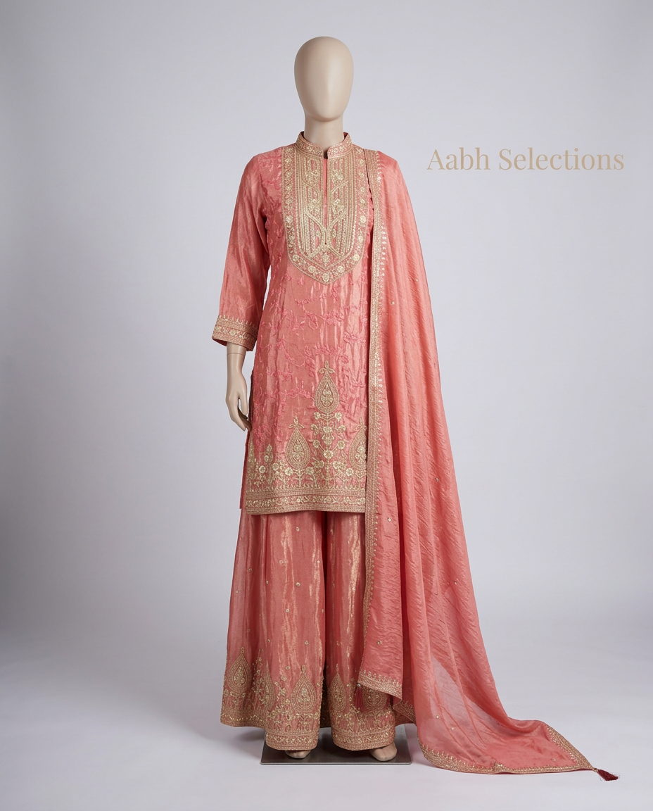 Pure Shimmer Fabric Sharara Suit With Embroidered Neck And Garara view 2