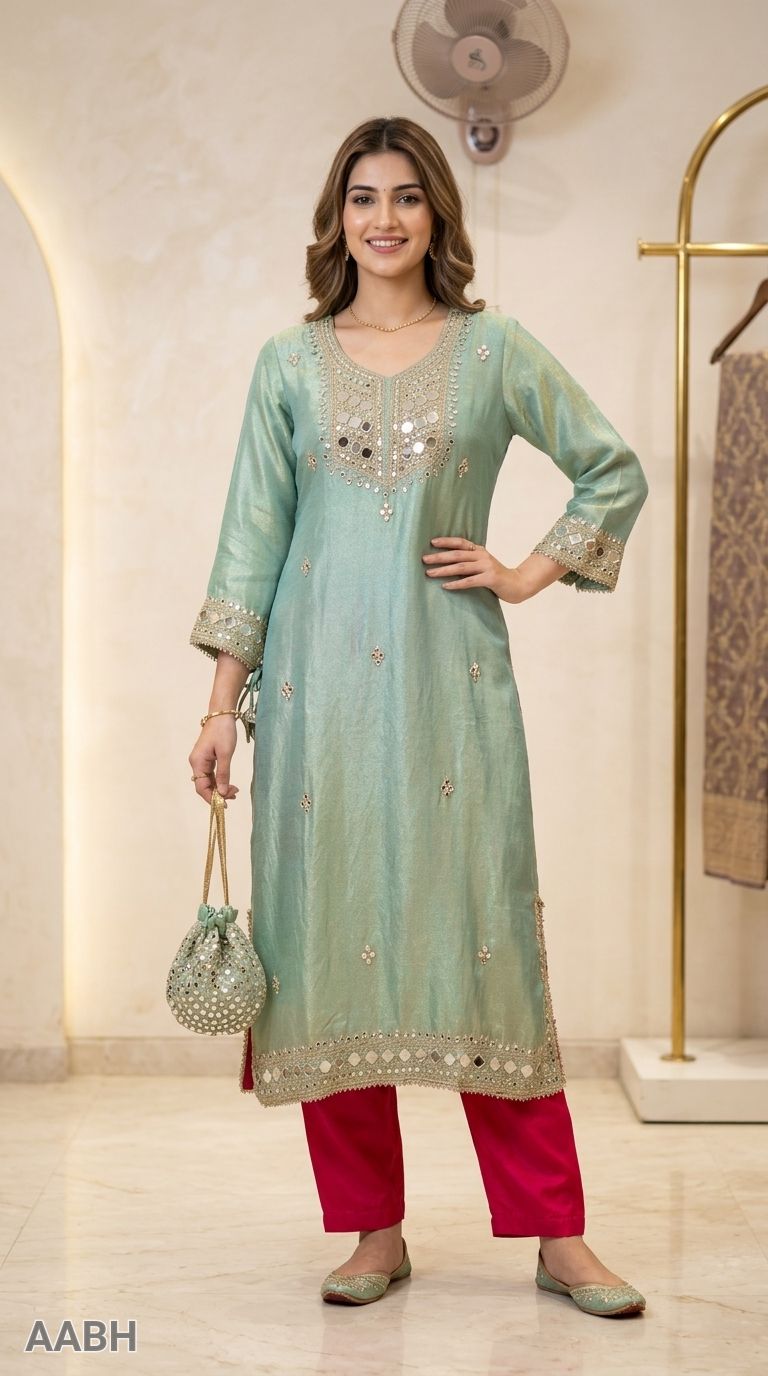 Pure Shimmer Fabric Phirin Dress with Contrast Pants view 3