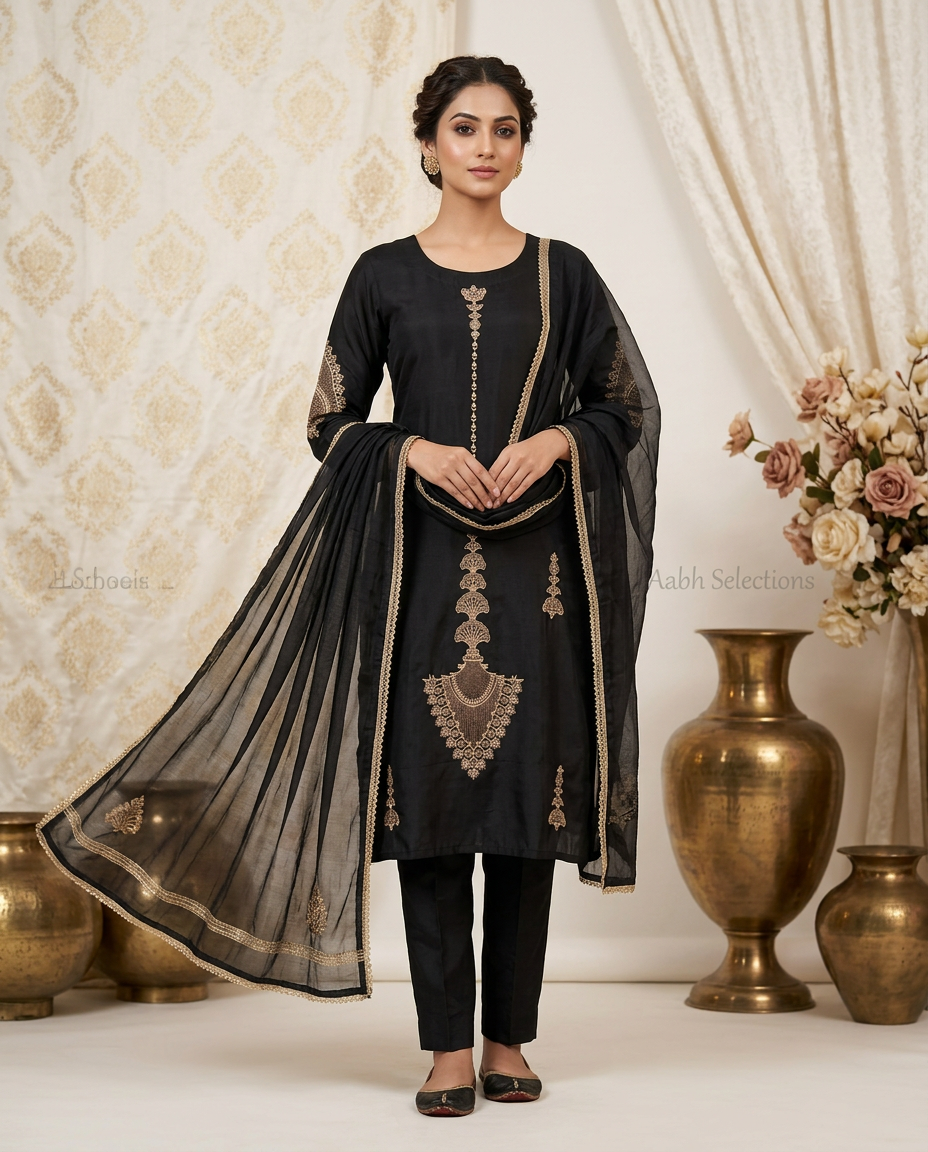 Embroidered Black Chenderi Suit view 3
