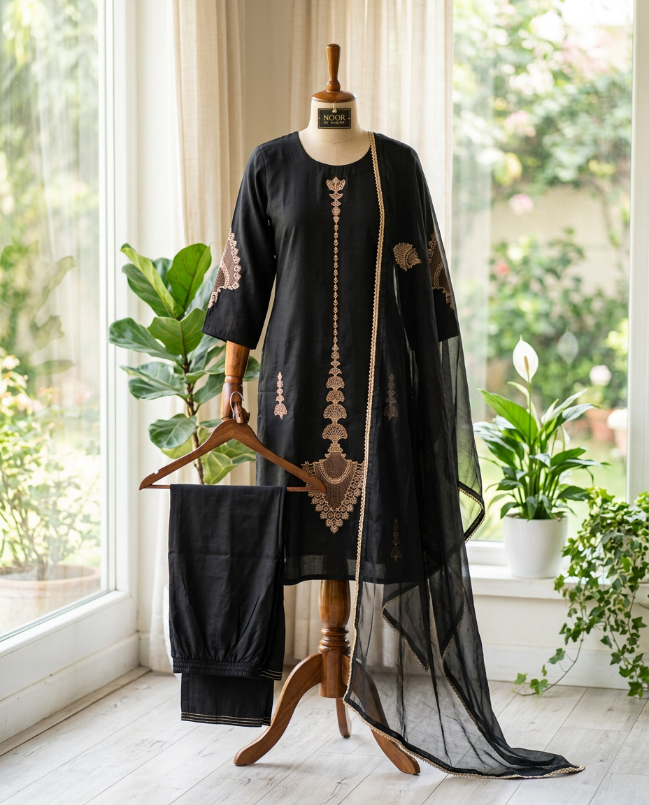 Embroidered Black Chenderi Suit view 2