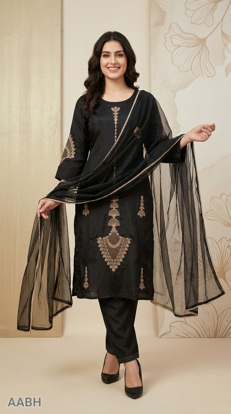 Embroidered Black Chenderi Suit view 4