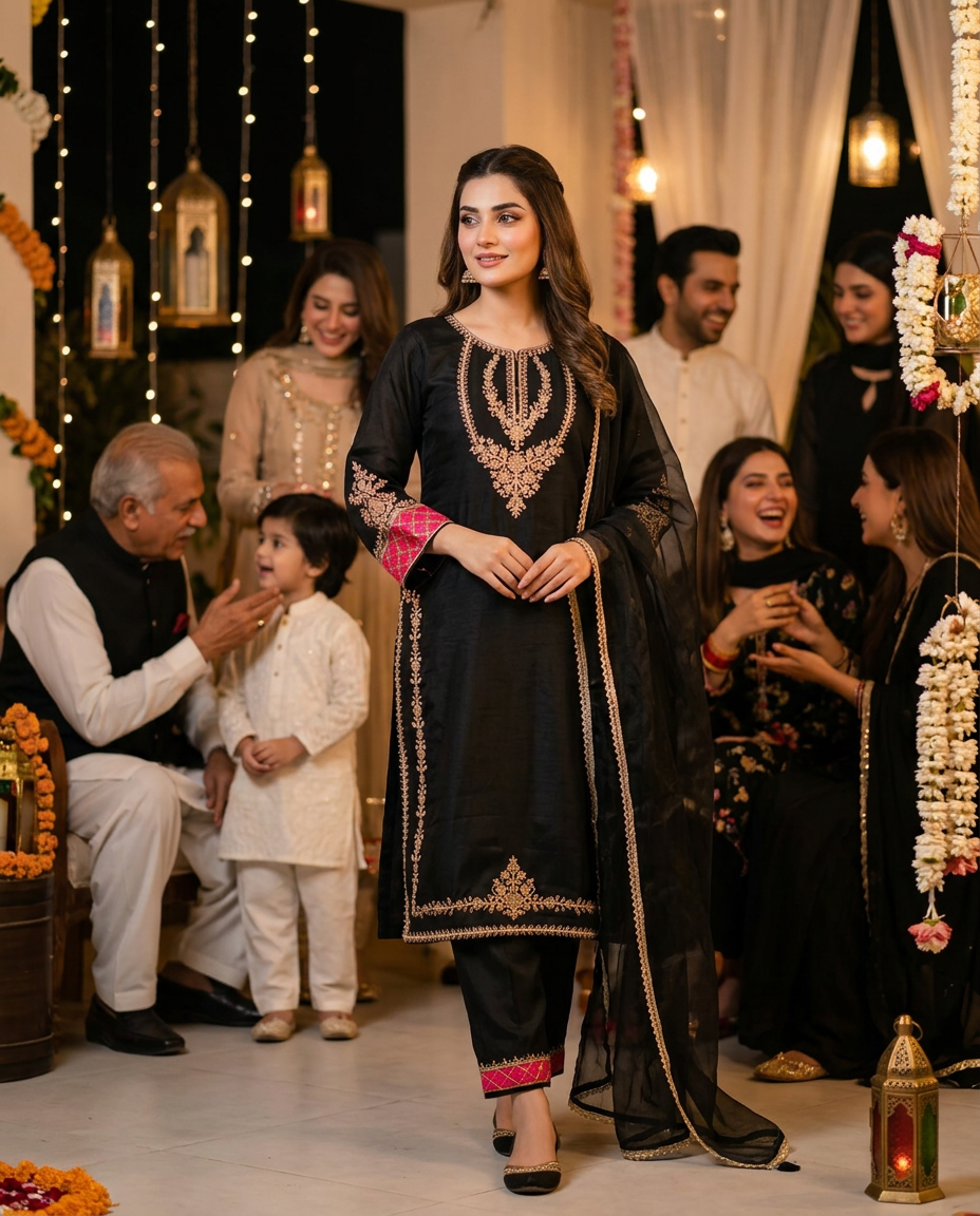 Pure Crepe Suit With Zari Embroidery And Contrast Pink Detailing view 2