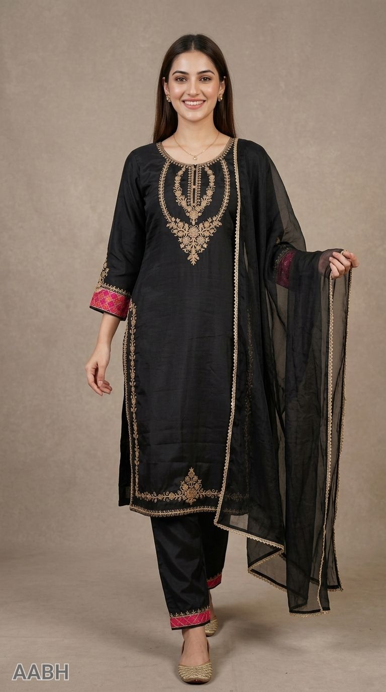 Pure Crepe Suit With Zari Embroidery And Contrast Pink Detailing