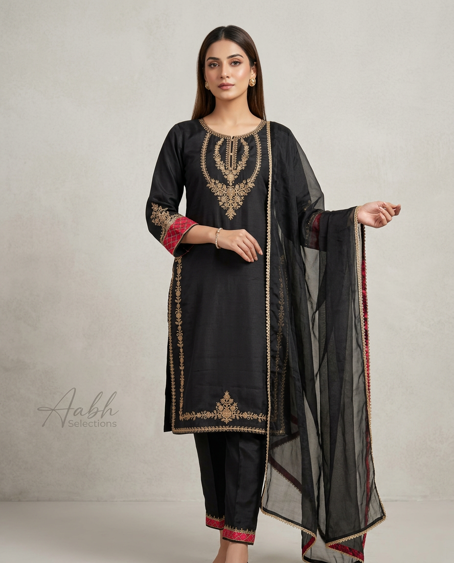 Pure Crepe Suit With Zari Embroidery And Contrast Pink Detailing view 3